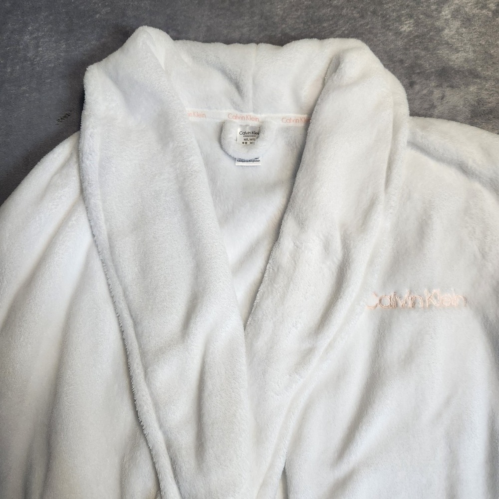 New Calvin Klein Sleepwear Womens Plush Robe White Embroidered Logo M L QP2300O
